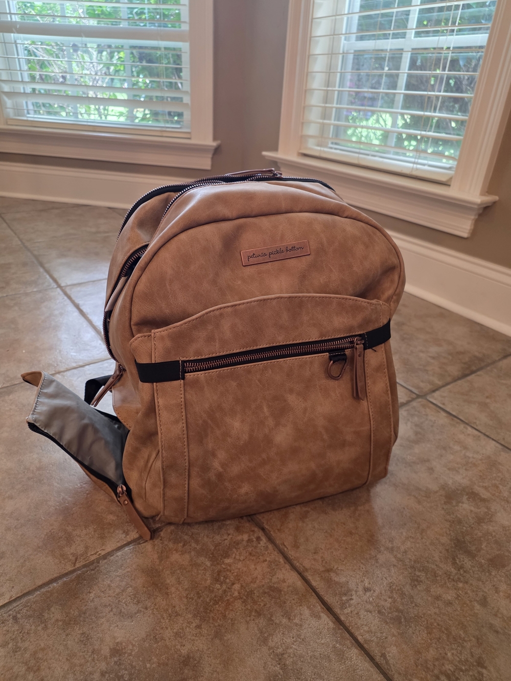 Petunia Pickle Bottom Tan Faux Leather Baby Bag Backpack